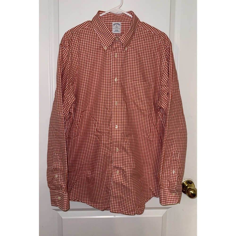 Brooks Brothers 346 Orange Gingham Check Long Sleeve Button Down Mens Shirt XL